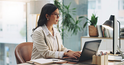 Buy stock photo Financial planning, online and businesswoman with laptop in office, info and risk assessment on web. Reading, glasses and person with tech for research, wealth management or budget review in business