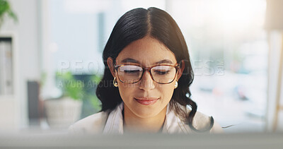 Buy stock photo Employee, glasses and woman with computer in office, info and risk assessment with financial report. Online, research and person with technology, wealth management or budget review on web in business
