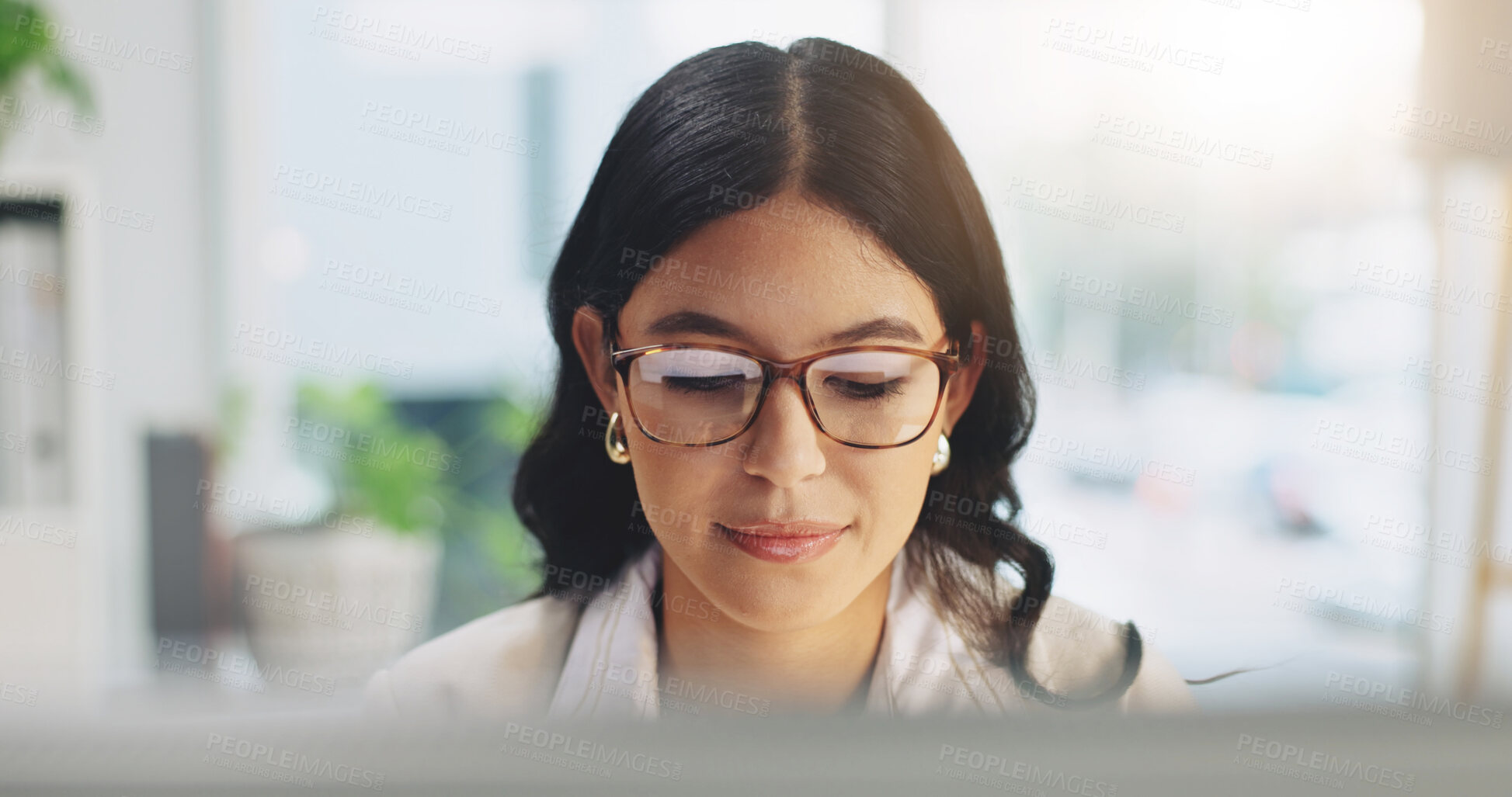 Buy stock photo Employee, glasses and woman with computer in office, info and risk assessment with financial report. Online, research and person with technology, wealth management or budget review on web in business