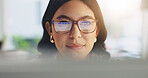 Reading, research and businesswoman with computer in office, online or risk assessment with glasses. Reflection, eyewear and person with tech, wealth management and budget review on web in business