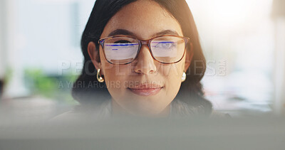 Buy stock photo Reading, research and businesswoman with computer in office, online or risk assessment with glasses. Reflection, eyewear and person with tech, wealth management and budget review on web in business