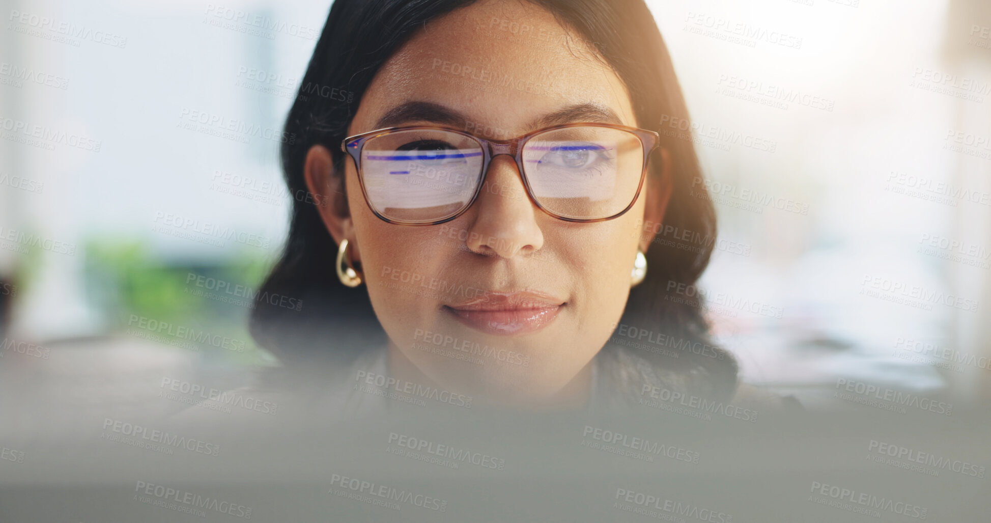 Buy stock photo Reading, research and businesswoman with computer in office, online or risk assessment with glasses. Reflection, eyewear and person with tech, wealth management and budget review on web in business