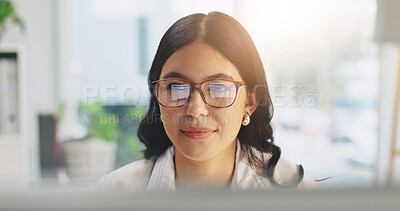 Buy stock photo Reading, glasses and businesswoman with computer in office, online or risk assessment with research. Reflection, eyewear and person with tech, wealth management and budget review on web in business