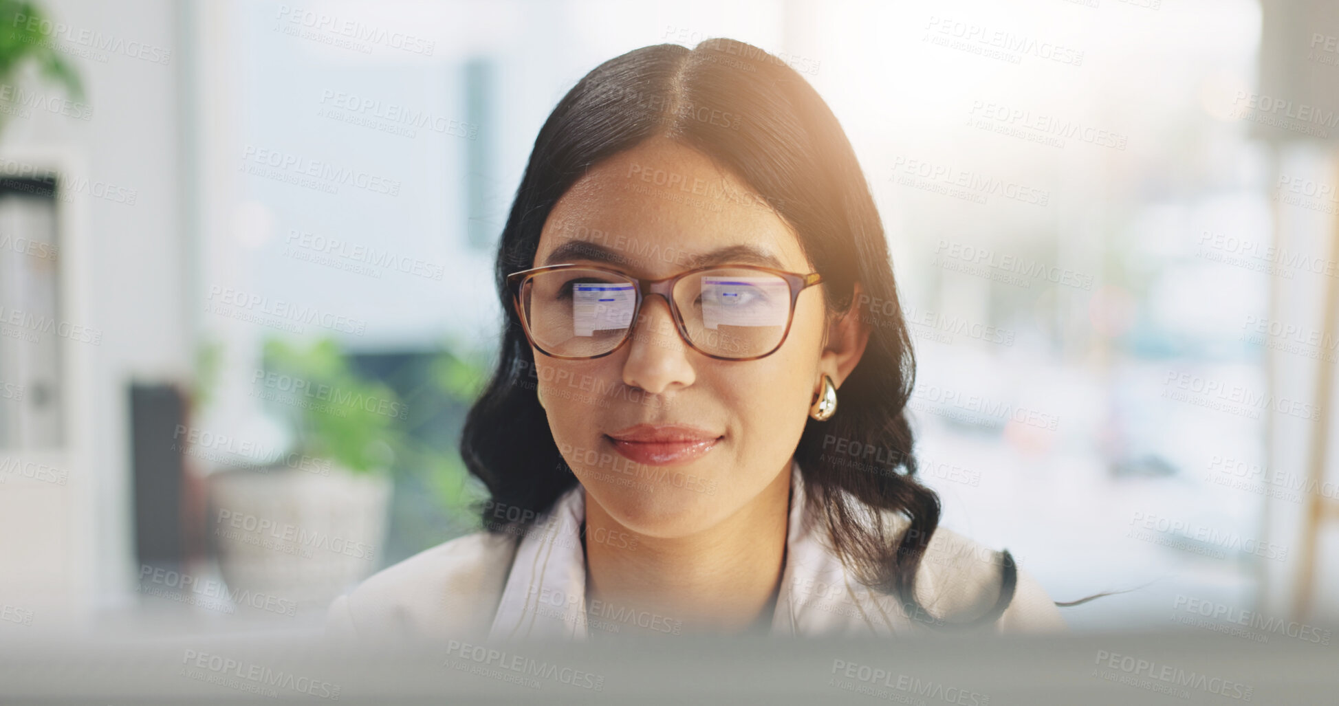 Buy stock photo Reading, glasses and businesswoman with computer in office, online or risk assessment with research. Reflection, eyewear and person with tech, wealth management and budget review on web in business