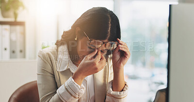 Buy stock photo Computer, woman or migraine of glasses in office for vision fatigue, audit workload or account issue. Accountant, tech and eyewear headache with digital eye strain, tension and overworked on deadline