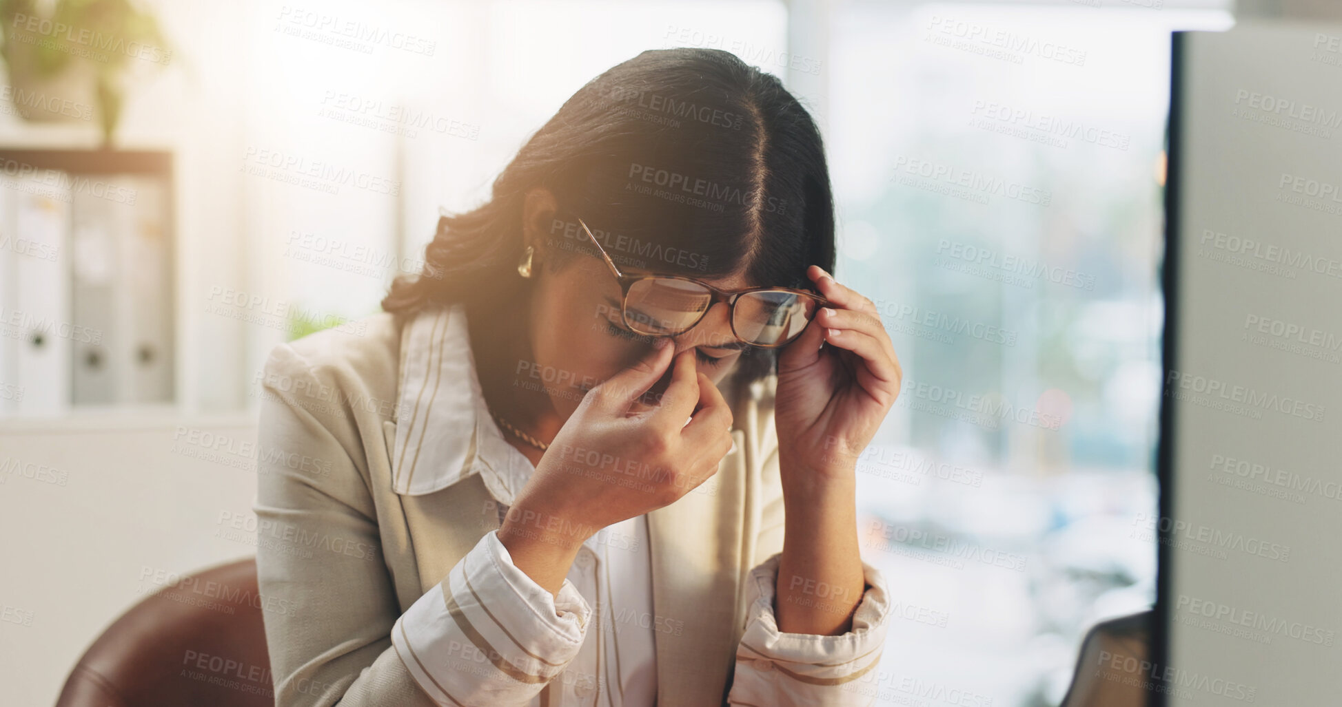 Buy stock photo Computer, woman or migraine of glasses in office for vision fatigue, audit workload or account issue. Accountant, tech and eyewear headache with digital eye strain, tension and overworked on deadline