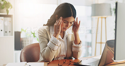 Buy stock photo Business, laptop and woman with headache in office for audit pressure, account issue and stress. Accountant, tech and tension migraine for payroll workload, budget error and overworked on deadline