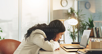 Buy stock photo Business, woman and tired with laptop in office for editing burnout, info overload and first job. Intern editor, bored and low energy at tech from mental fatigue, workload or tedious source research