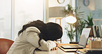 Laptop, woman and tired with sleep in office for audit burnout, mental fatigue or work break. Exhausted, accountant and nap at computer for payroll workload, overworked or low energy from narcolepsy