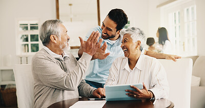 Buy stock photo Tablet, parents and adult son with high five for help, discount and success for utility bills rebate. Happy people, senior mom and dad in home with man, tech or celebration for household cost savings