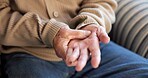 Hand pain, arthritis and senior man in home with muscle sprain, inflammation or fibromyalgia. Osteoporosis, carpal tunnel and elderly person in house with wrist injury, pinched nerve or gout.