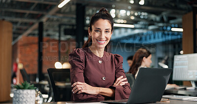 Buy stock photo Office, portrait and business woman on laptop for digital marketing, brand campaign and research. Happy, crossed arms and mature person on computer for planning, coworking and creative advertising