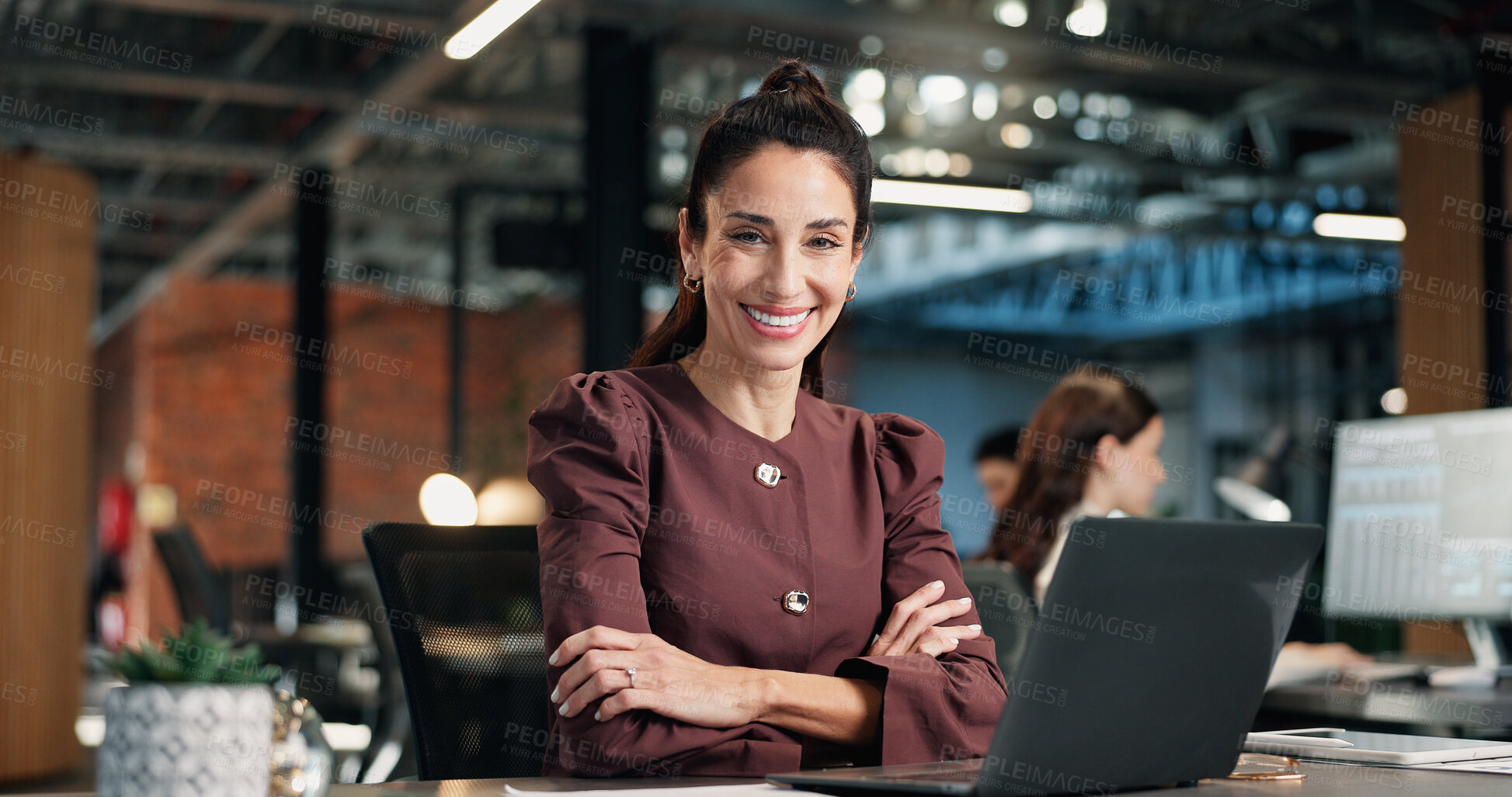Buy stock photo Office, portrait and business woman on laptop for digital marketing, brand campaign and research. Happy, crossed arms and mature person on computer for planning, coworking and creative advertising
