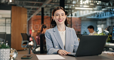 Buy stock photo Portrait, happy and business woman on laptop for digital marketing, brand campaign and research. Coworking, office and person on computer for planning, productivity and online review for advertising