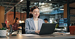 Office, happy and business woman on laptop for digital marketing, brand campaign and research. Creative, typing and person on computer for planning, promotion and online review for advertising