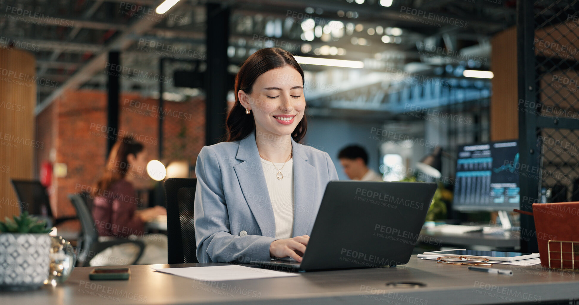 Buy stock photo Office, happy and business woman on laptop for digital marketing, brand campaign and research. Creative, typing and person on computer for planning, coworking and online review for advertising