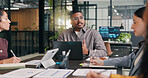Boardroom, discussion and businessman with tablet, teamwork or risk management with info on website. Business people, talking and collaboration with tech, data analysis and meeting with paperwork