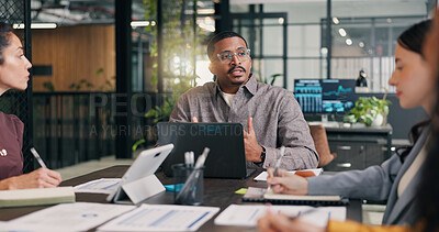 Buy stock photo Boardroom, discussion and businessman with tablet, teamwork or risk management with info on website. Business people, talking and collaboration with tech, data analysis and meeting with paperwork