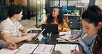 Boardroom, discussion and business people with laptop, teamwork or risk management with info on web. Colleagues, talk and collaboration with tech, data analysis and meeting with paperwork in office