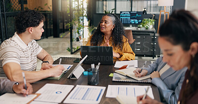 Buy stock photo Boardroom, discussion and business people with laptop, teamwork or risk management with info on web. Mature woman, talk and collaboration with tech, data analysis and meeting with paperwork in office