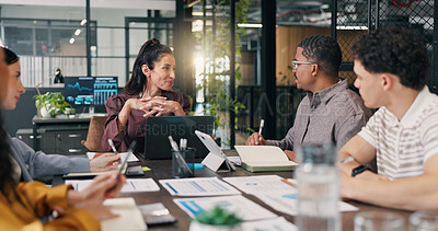 Buy stock photo People, smile and discussion with laptop in boardroom, teamwork or risk management with info on web. Happy, colleagues and collaboration with tech, data analysis and meeting with paperwork in office