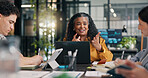 Businesswoman, smile and meeting with laptop in boardroom, teamwork or risk management with research. Happy people, ideas and collaboration with tech, data analysis and talk with colleagues in office