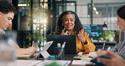 Buy stock photo Businesswoman, happy and meeting with laptop in boardroom, teamwork or risk management with research. Mature person, ideas and collaboration with tech, data analysis and talk with smile in office