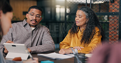 Buy stock photo Team, talking and meeting with tablet in boardroom, online and risk management with research on web. People, ideas and collaboration with tech, financial report and discussion with info in office