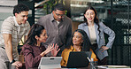 Team, smile and meeting with tech in boardroom, discussion and risk management with research on web. Happy people, reading and collaboration with technology, financial planning and listening to info