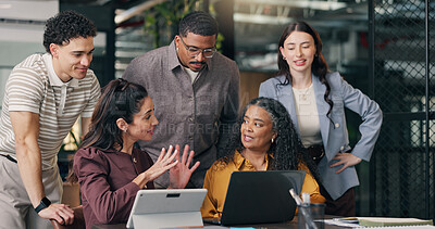 Buy stock photo Team, smile and meeting with tech in boardroom, discussion and risk management with research on web. Happy people, reading and collaboration with technology, financial planning and listening to info