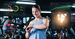 Hologram, exercise, smile and watch with woman in gym for performance tracking, results or satisfaction. App, fitness and time with happy person in health club for challenge, improvement or training review