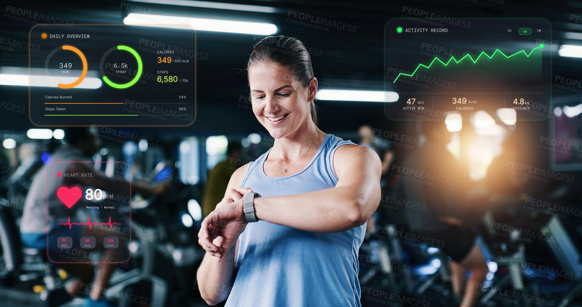 Buy stock photo Hologram, watch and woman in gym for fitness, performance tracking or happy with metrics improvement. Smile, exercise and person with wristwatch in health club for wellness data, heart rate and steps