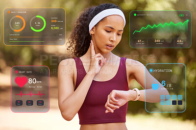 Buy stock photo Hologram, stats and woman with smart watch for fitness, heart rate and check performance in nature. Outdoor, wellness data and runner with tech for overlay, tracking cardio and timer with pulse