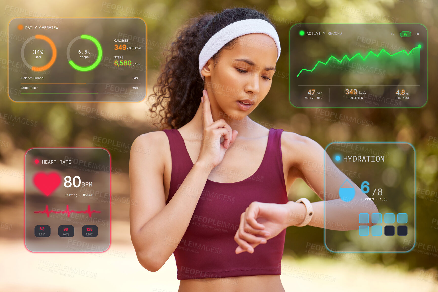 Buy stock photo Hologram, stats and woman with smart watch for fitness, heart rate and check performance in nature. Outdoor, wellness data and runner with tech for overlay, tracking cardio and timer with pulse