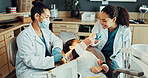 Dental, exam or girl with dentist for fist bump, cleaning or gum disease in consultation for health. Orthodontist, assistant and women for teeth whitening, oral care or treatment for mouth procedure