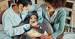 Dentist, tools or girl with mom for cleaning, exam or gum disease in consultation for help. Pediatrician, child or hygiene with woman for teeth whitening, oral care or treatment for mouth procedure