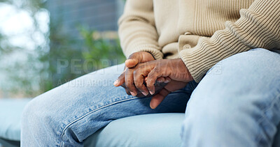 Buy stock photo Mental health, overthinking or hands in home with worry, anxiety trigger or memory of past mistake. Stress, overwhelmed and man with flashback, regret mindset and tension with emotional thought