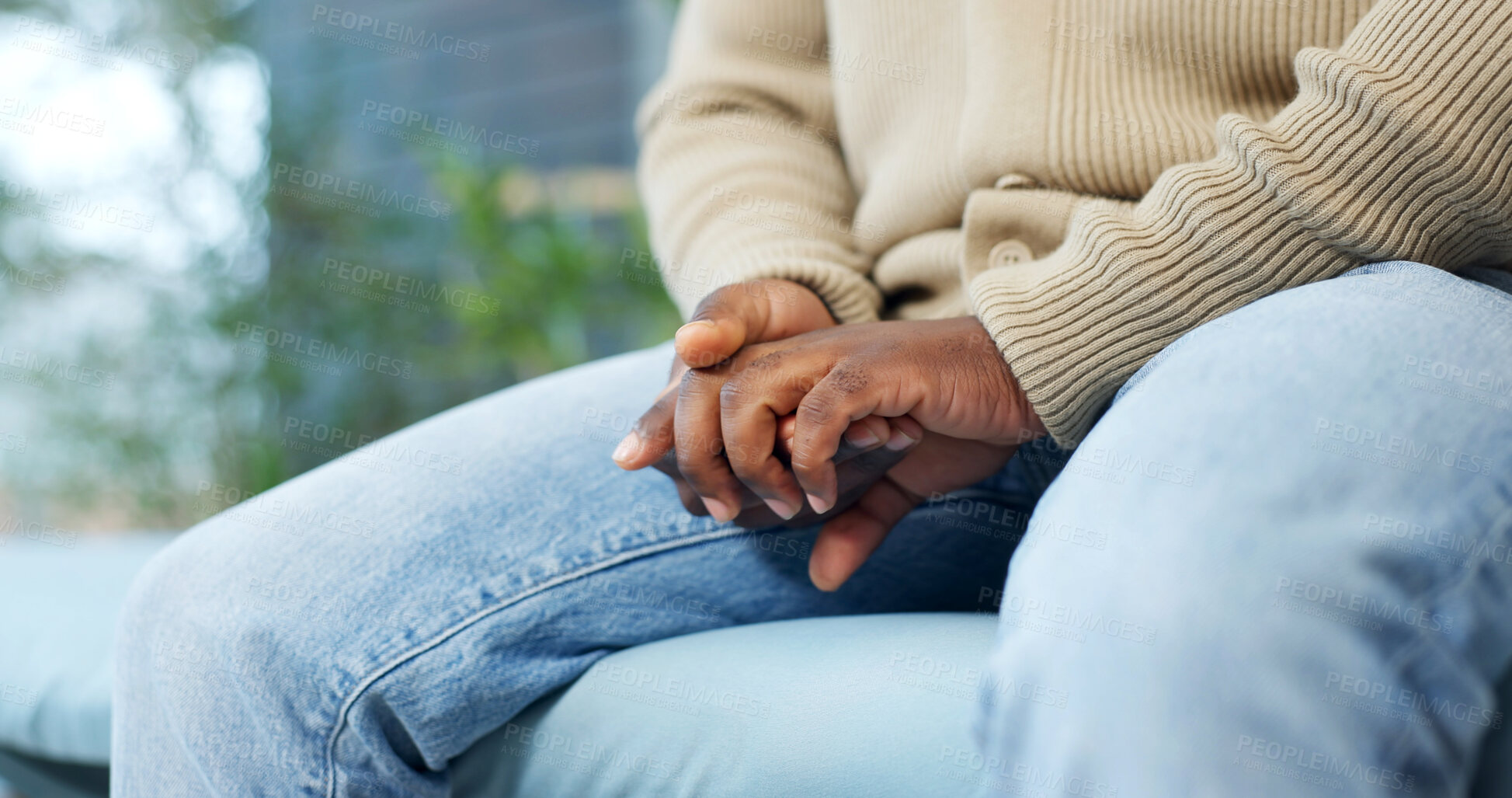 Buy stock photo Mental health, overthinking or hands in home with worry, anxiety trigger or memory of past mistake. Stress, overwhelmed and man with flashback, regret mindset and tension with emotional thought