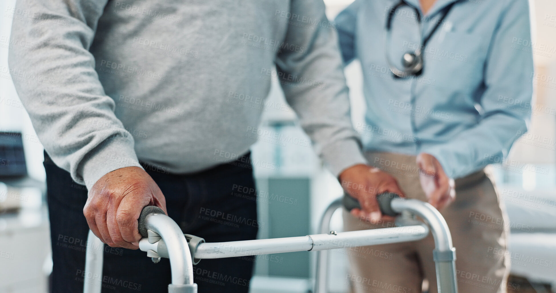 Buy stock photo Hands, nurse and old person with walking frame in physio clinic for healing or rehabilitation. Balance, healthcare and senior patient with mobility walker in chiropractor office for recovery support