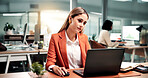 Businesswoman, reading and browse in office with laptop,  stock market data or investment evaluation. Coworking,= person and analyst with computer for online trading, graphs and statistics analysis.