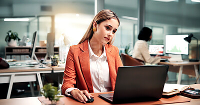 Buy stock photo Businesswoman, reading and browse in office with laptop,  stock market data or investment evaluation. Coworking, person and analyst with computer for online trading, graphs and statistics analysis.