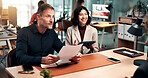 Tablet, recruitment and business people with candidate in office with notebook for interview process. Document, onboarding and applicant with HR panel for meeting with job offer, agreement and tech