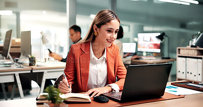 Buy stock photo Happy, businesswoman and laptop in office with notebook, record data and sales analysis for company. Coworking, person and analyst in workplace with computer, planner and graphs for revenue stats.