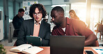 Business, team and data analysis in office with tablet, discussion and review marketing performance. People, talk and tech in creative agency with graphs, ad campaign stats and forecast for project.
