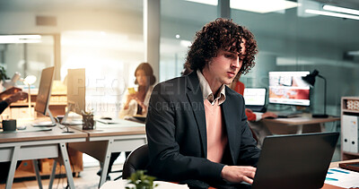 Buy stock photo Businessman, typing and data analysis in office with laptop, sales performance report and projection. Coworking, person and analyst with computer for graphs, income stats and forecast for revenue.
