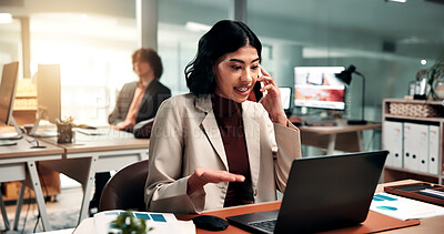 Buy stock photo Laptop, woman and talk in office with phone call, web traffic or data from marketing account manager. Coworking, person and discussion with tech for contact, graphs and stats for online ad campaign.