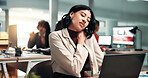 Neck pain, fatigue and business woman with laptop in office, tension or data analyst with discomfort. Workplace, injury and person with muscle strain, coworking and financial analysis with technology