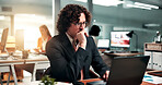 Businessman, thinking and reading in office with laptop, stock market data and investment decision. Coworking, person and problem solving with computer for online trading, graphs and stats analysis.