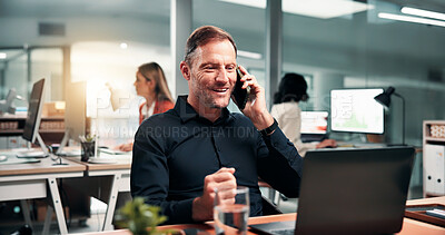 Buy stock photo Happy, businessman and phone call in office with laptop, good news and investment for stock market. Coworking, mature person and online trading with mobile tech, investor contact or positive feedback