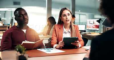 Buy stock photo Tablet, interview and business people with applicant in office with notebook for recruitment process. Document, onboarding and candidate with HR panel for meeting with job offer, agreement and tech